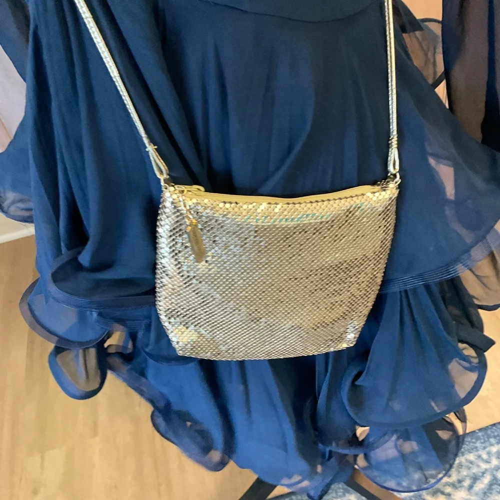 Vintage Whiting & Davis Gold Mesh Bag purse crossbody  leather strap prom bridal